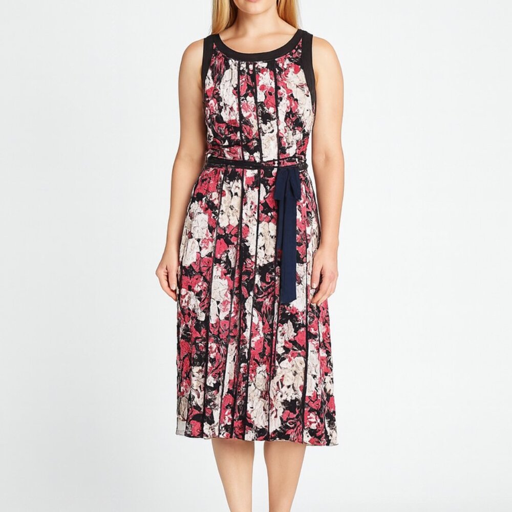 Sleeveless Floral Dress with Raised Designs Size M Pink White Navy Waist Tie EUC